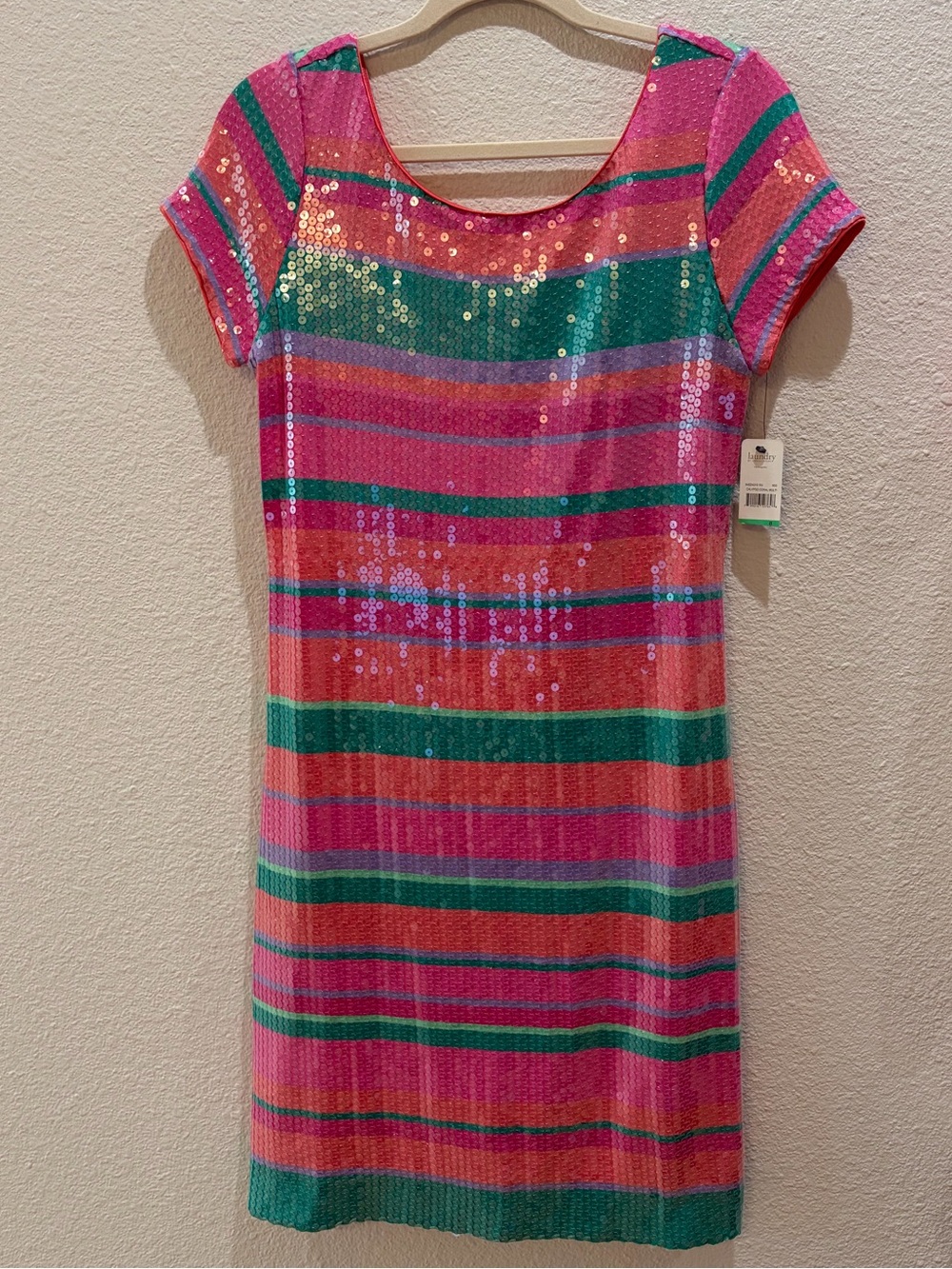 NWT Laundry By Shelli Segal Pink & Green Sequin Stripe Mini Dress